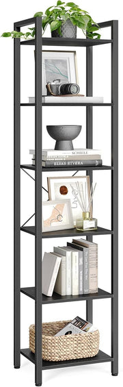 6-Tier Industrial Bookshelf 187.5cm Tall Slim Storage Unit Sturdy Steel Wood