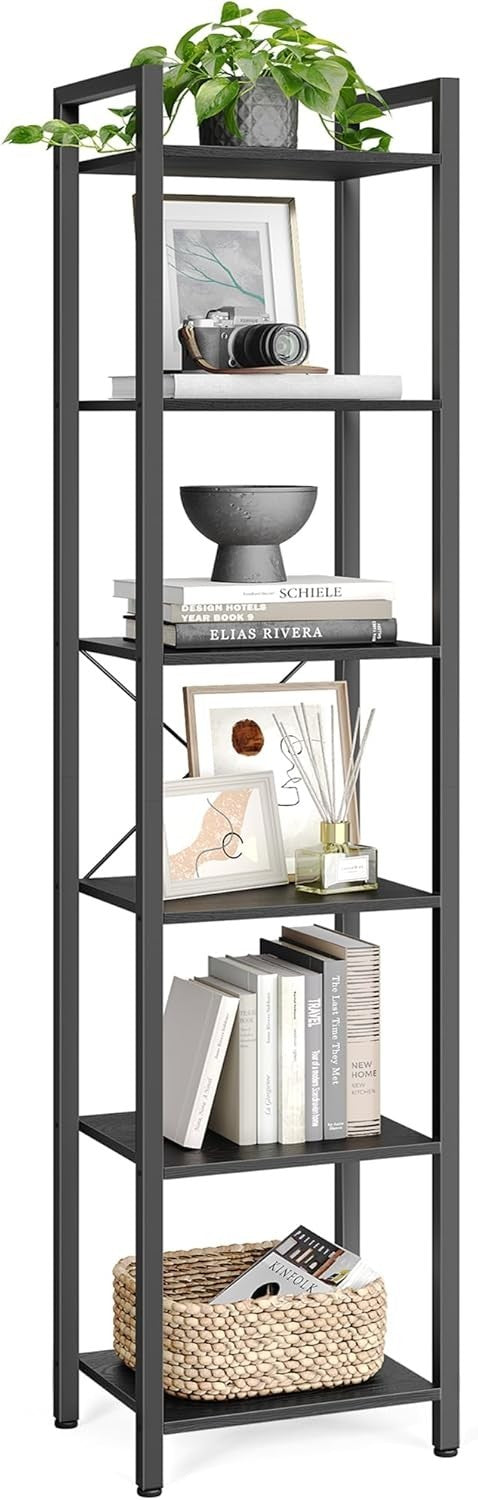 6-Tier Industrial Bookshelf 187.5cm Tall Slim Storage Unit Sturdy Steel Wood