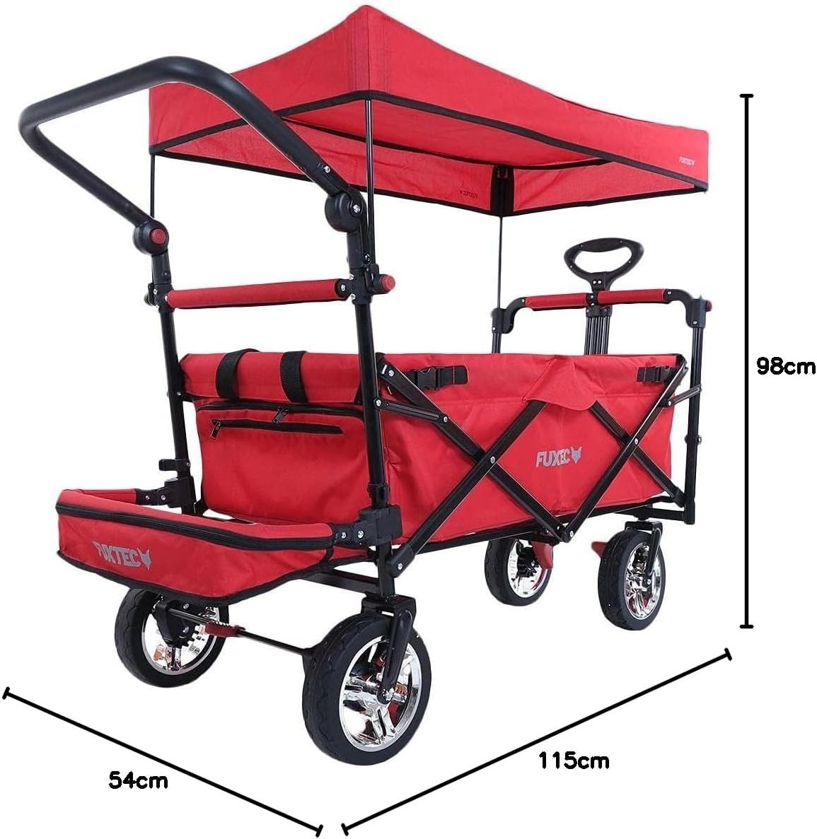 Red Folding Kids Wagon w/ Roof Push Pull Cart Brakes Solid Wheels & Extension