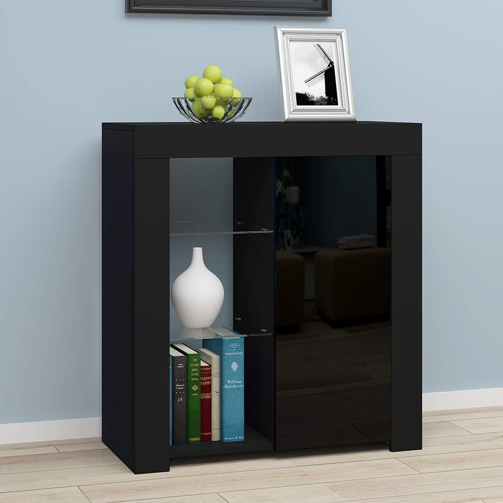 Modern Black LED Sideboard Cabinet with Glass Shelves & Storage 75x35x83cm