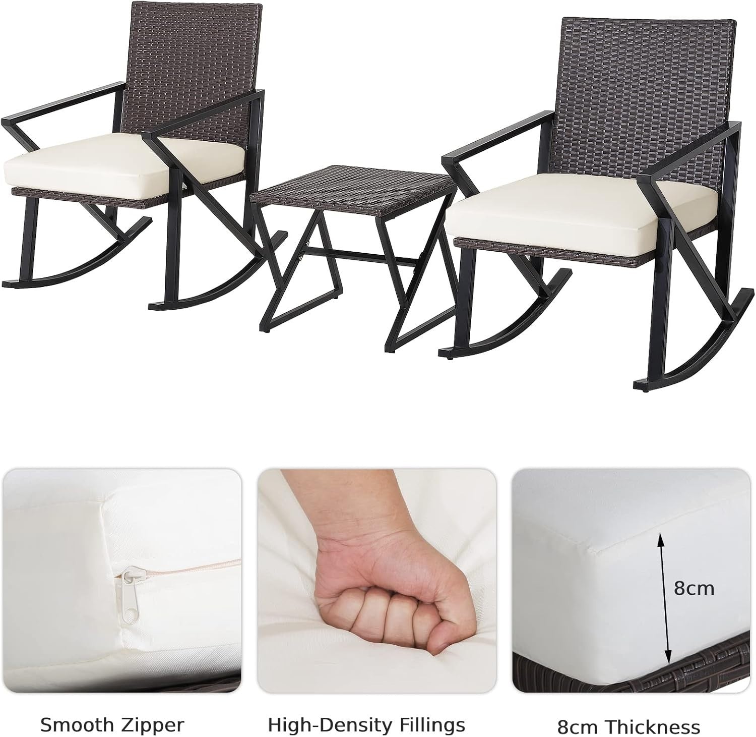 3 Piece Rattan Rocking Bistro Set Patio Garden Chairs Coffee Table Cushions