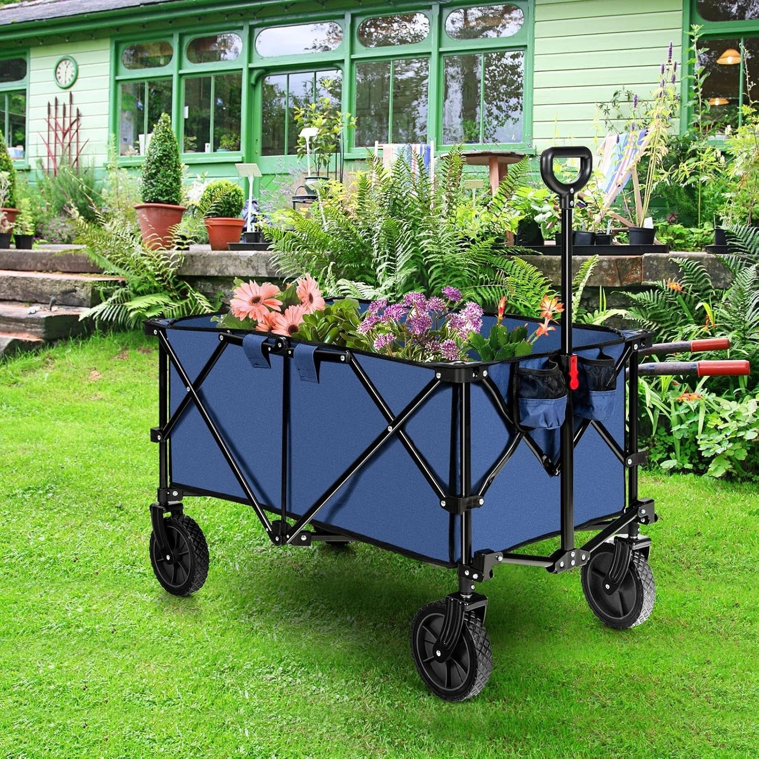 Navy Folding Camping Wagon Heavy Duty Collapsible Beach Garden Cart w/ Handle