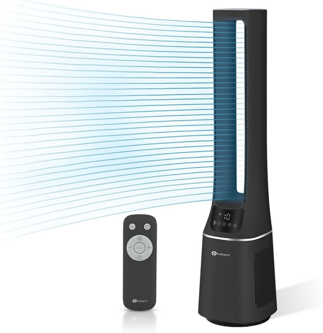 2-in-1 Bladeless Tower Fan Air Purifier HEPA Filter 10-Speed Remote Black Quiet