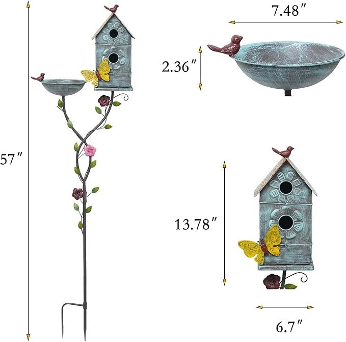 57" Metal Bird Bath & Birdhouse Combo – Outdoor Garden Decor 2-in-1 Feeder