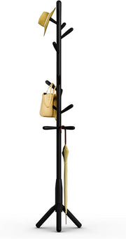 Solid Wood Coat Rack 11 Hooks Freestanding Tree Stand for Hallway Black