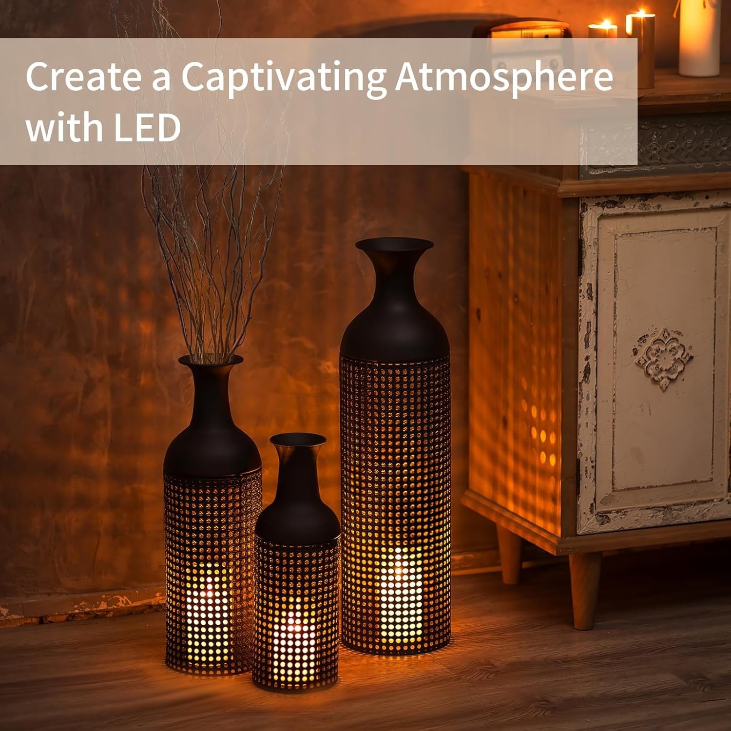 Black Metal Floor Vase Set Tall Modern Living Room Decor 3pcs Statement