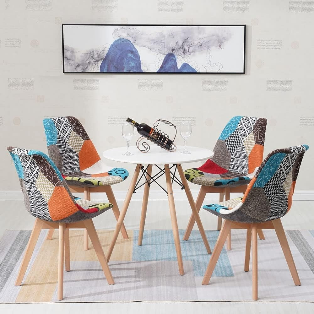 Modern 4 Chair Patchwork Dining Set with 80cm Round Table - Compact & Stylish