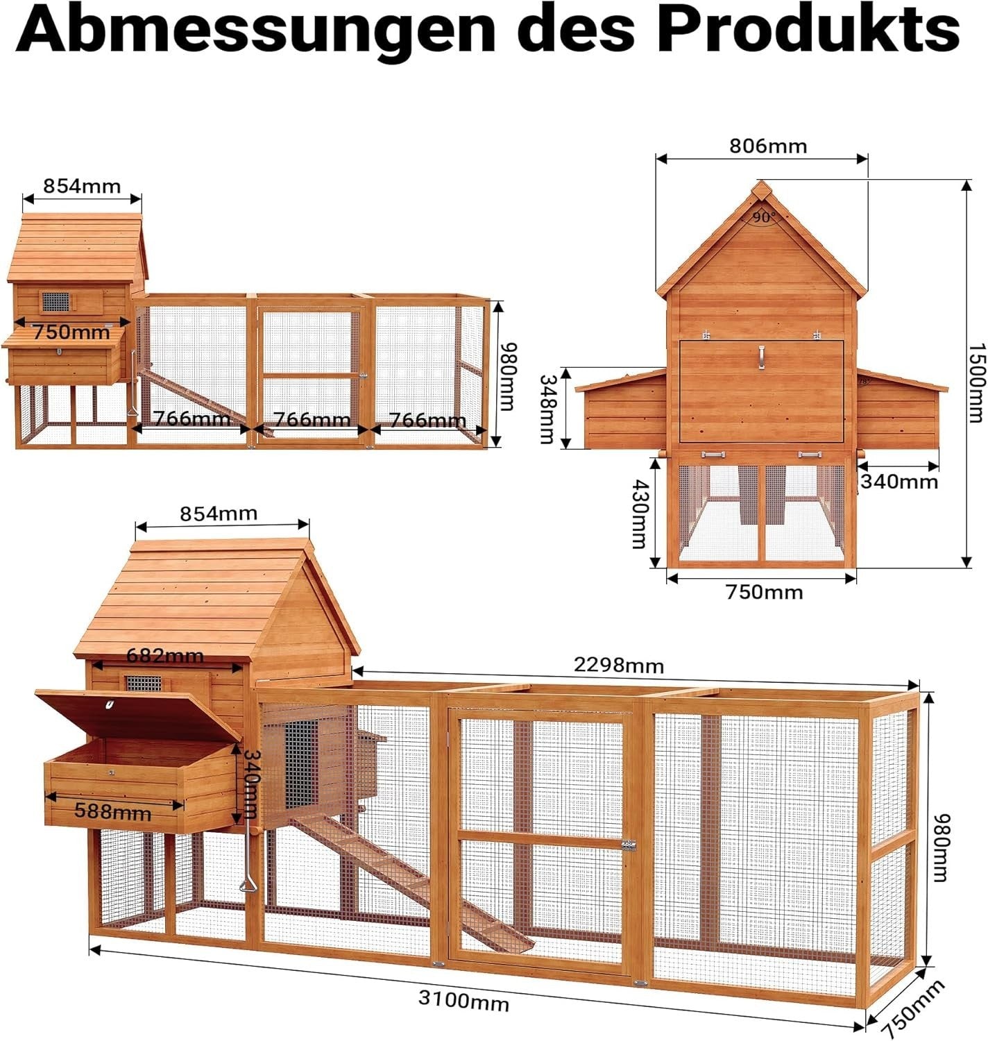Large Chicken Coop with Run 310x150x150cm Wooden Hen House