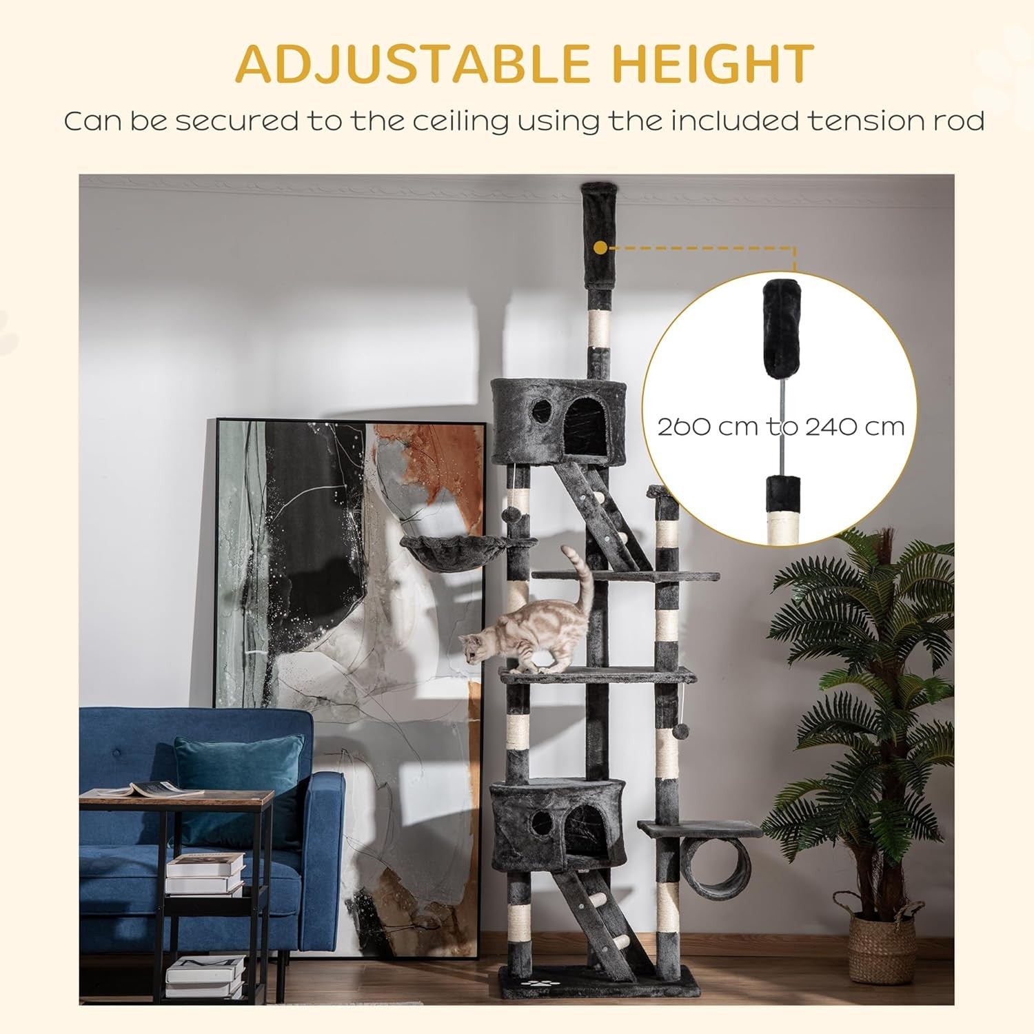 Floor to Ceiling Cat Tree 260cm Adjustable Tower with Scratching Posts