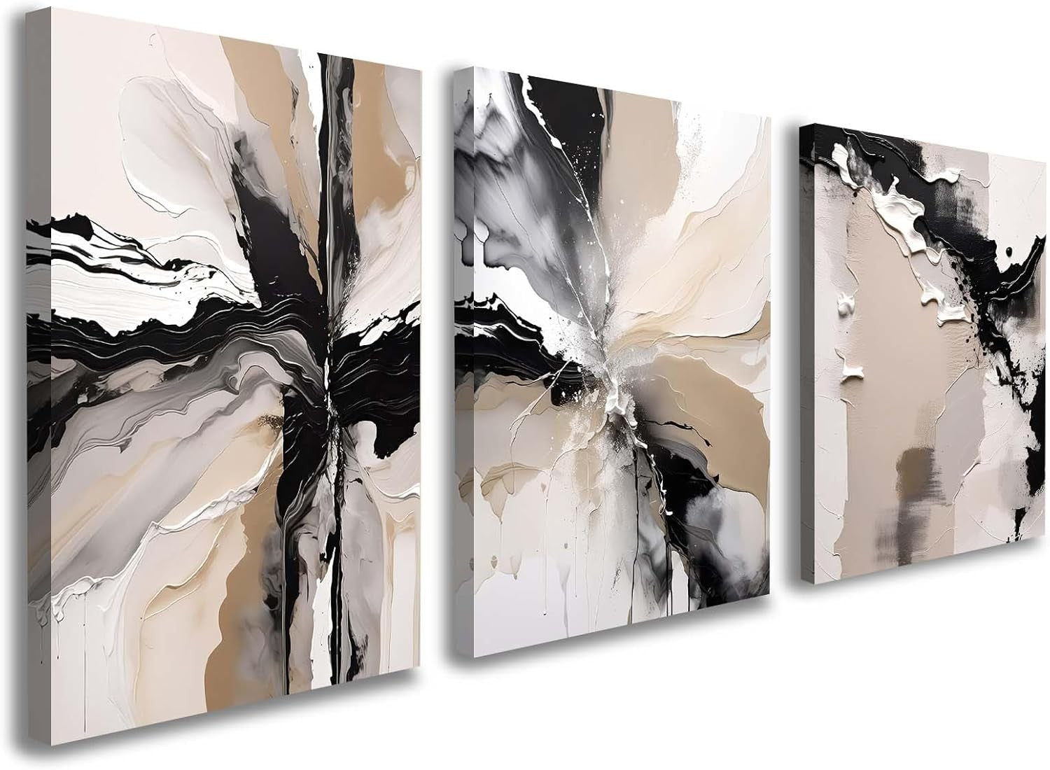 Beige Abstract Canvas Wall Art Set of 3 12x16 Framed Modern