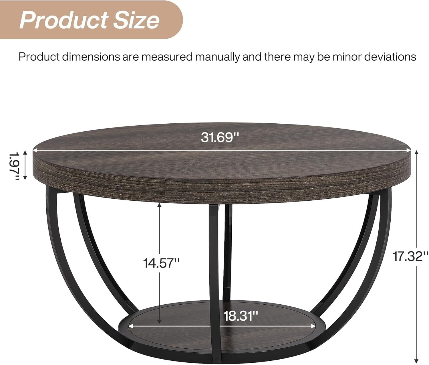 Round 2-Tier Coffee Table with Storage, Grey Wood Grain, 80.5x44cm