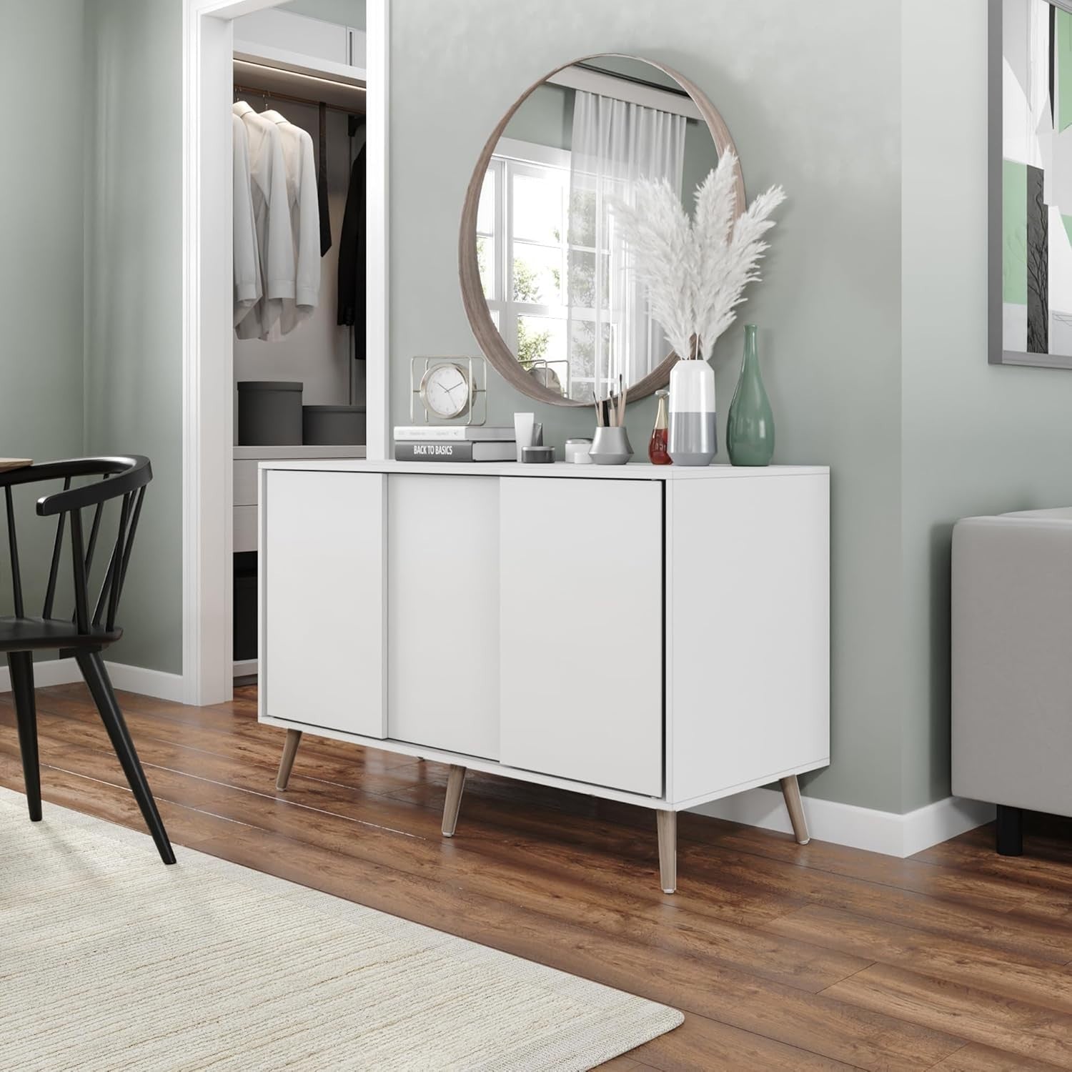 White Sideboard Cabinet 3 Door Storage Beech Legs Modern Sliding Unit