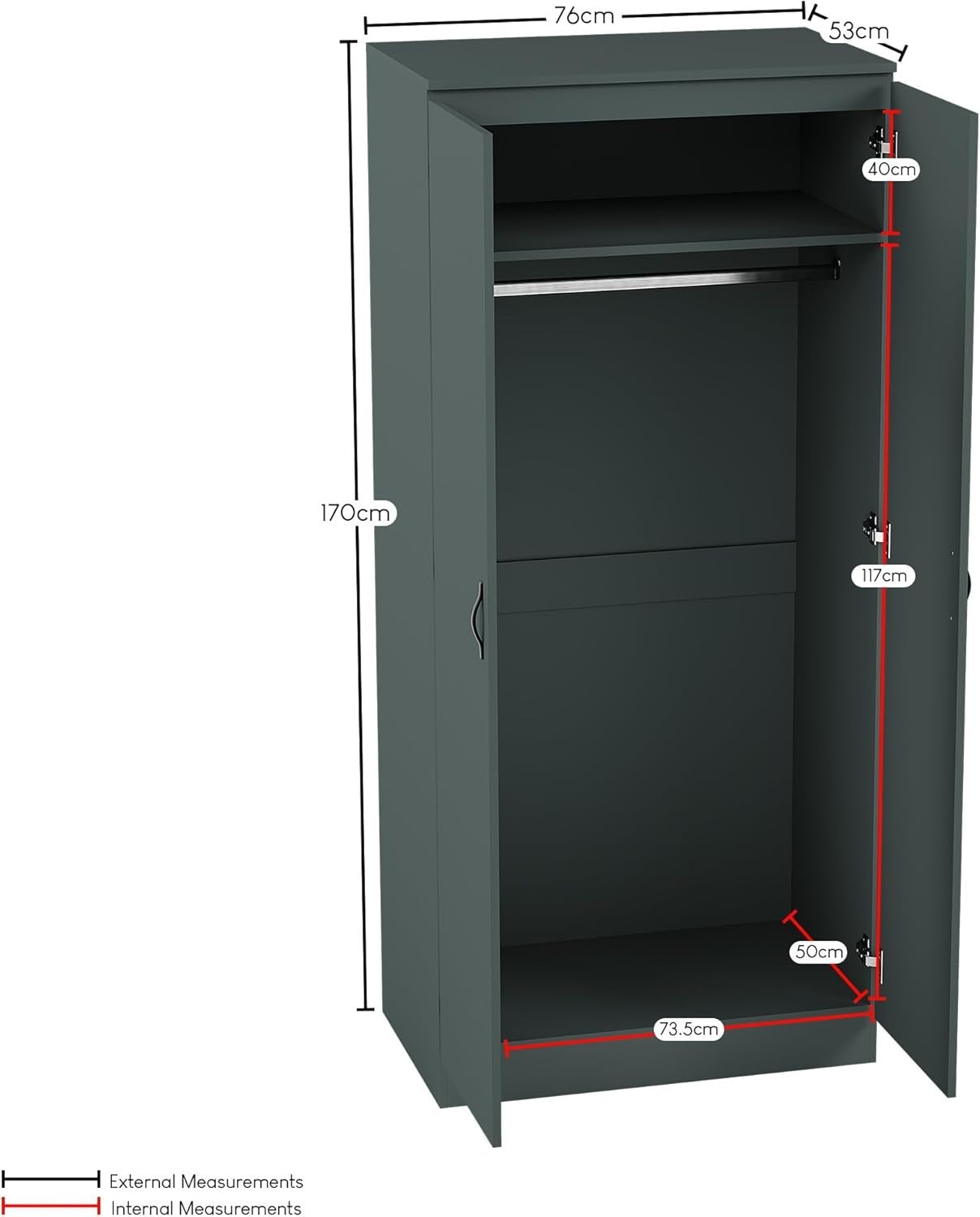 Double Door Bedroom Wardrobe with Hanging Rail & Top Shelf Storage