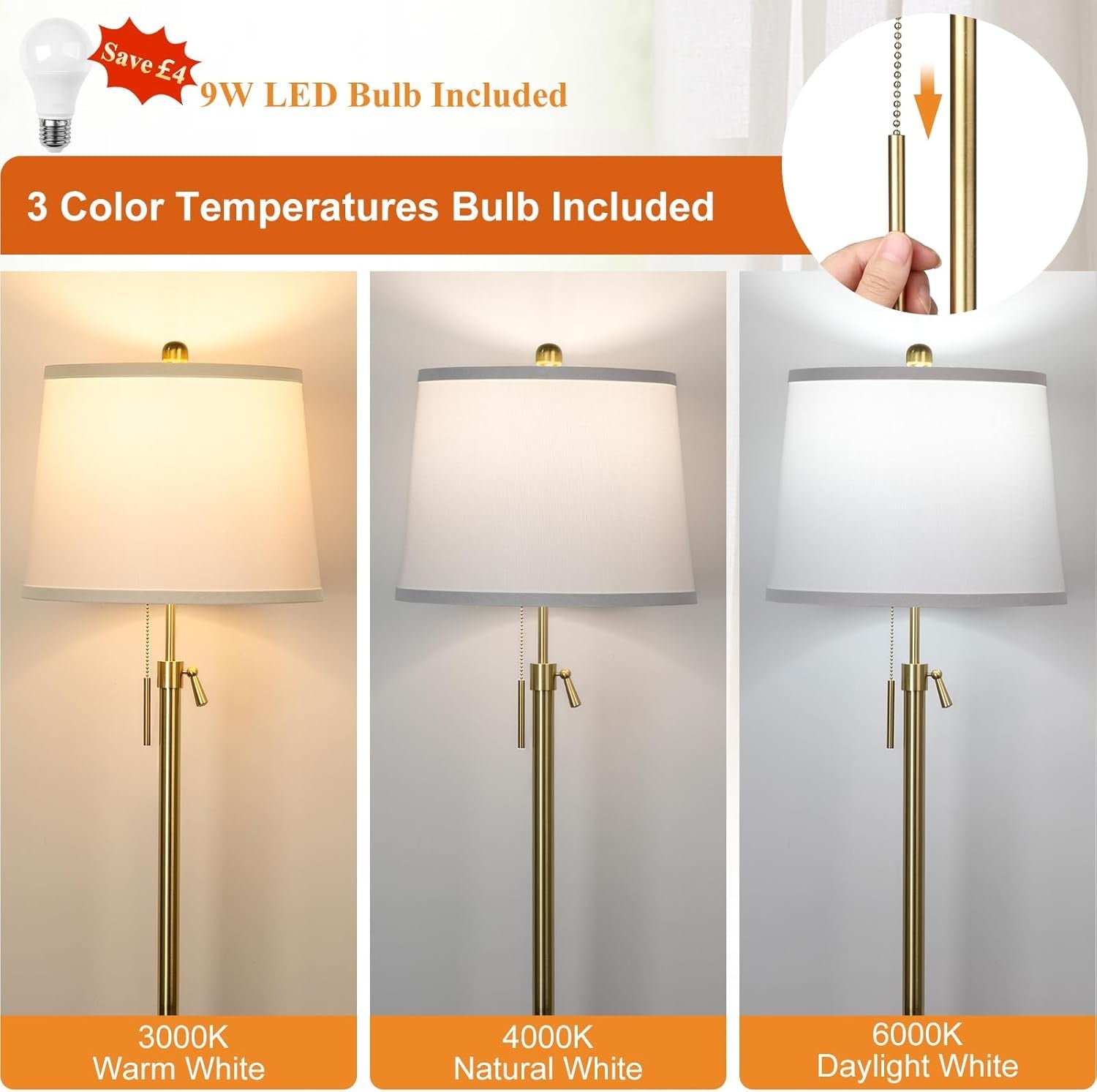Adjustable Floor Lamp Gold Height Adjustable 3 Colour LED Standing Light