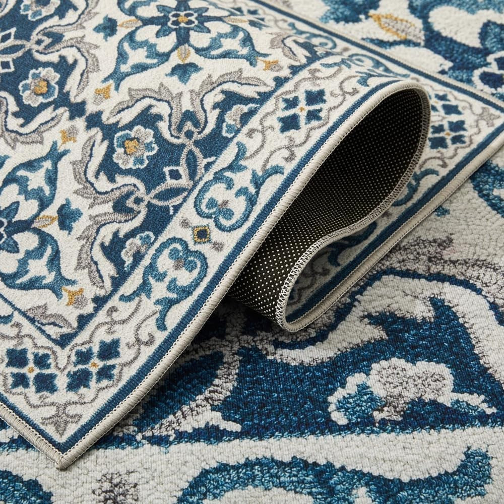 Large Vintage Floral Rug 160x230cm Soft Blue Non-Slip Carpet Living Room Bedroom