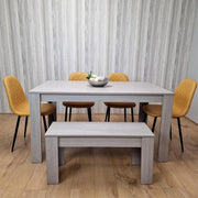 6 Seater Light Grey Dining Table Set with Mustard Chairs & Bench, MDF