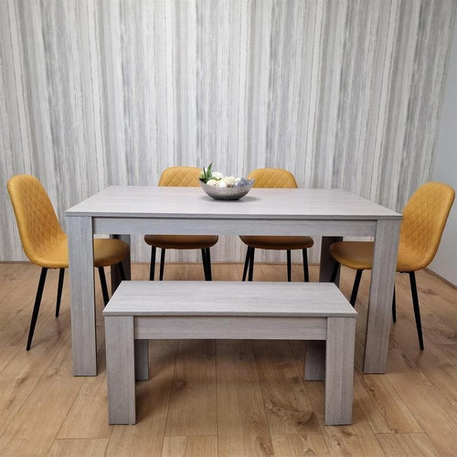 6 Seater Light Grey Dining Table Set with Mustard Chairs & Bench, MDF