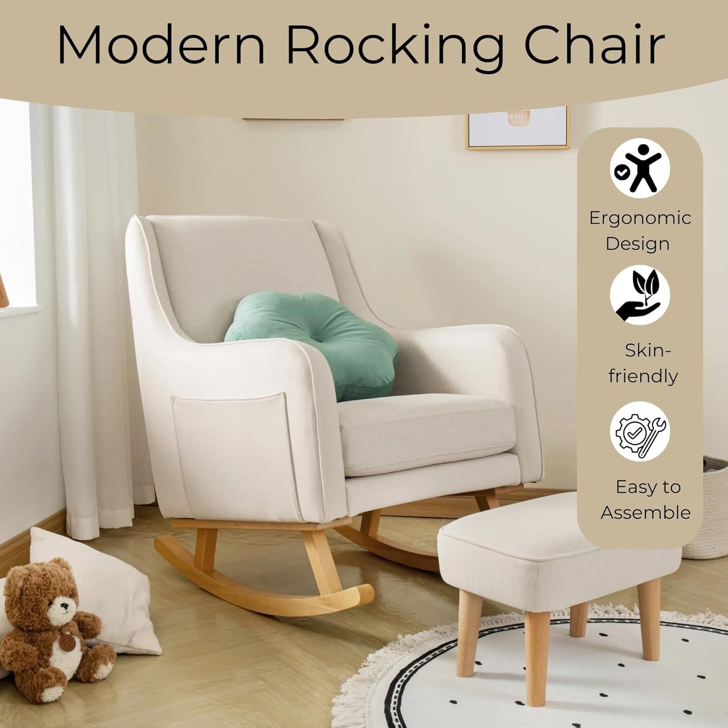 Luxury Nursery Rocking Chair w/ Footstool - Comfy, Stylish, Soft Fabric