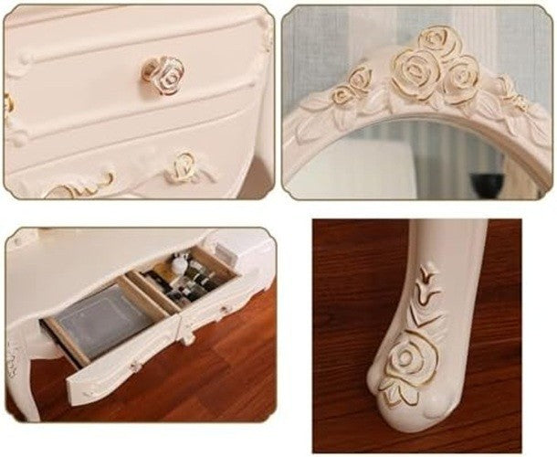 White LED Vanity Dressing Table Set w/3-Light Mirror, Stool, 4 Drawers ABS Plast