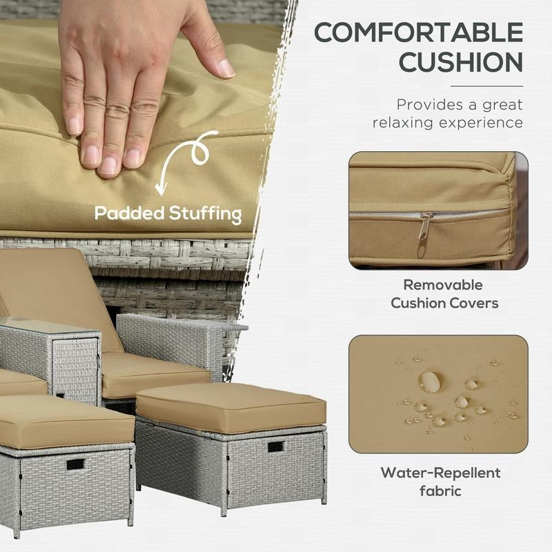 5PC PE Rattan Recliner Sofa Bed Set Lounger Footstools Side Table Patio
