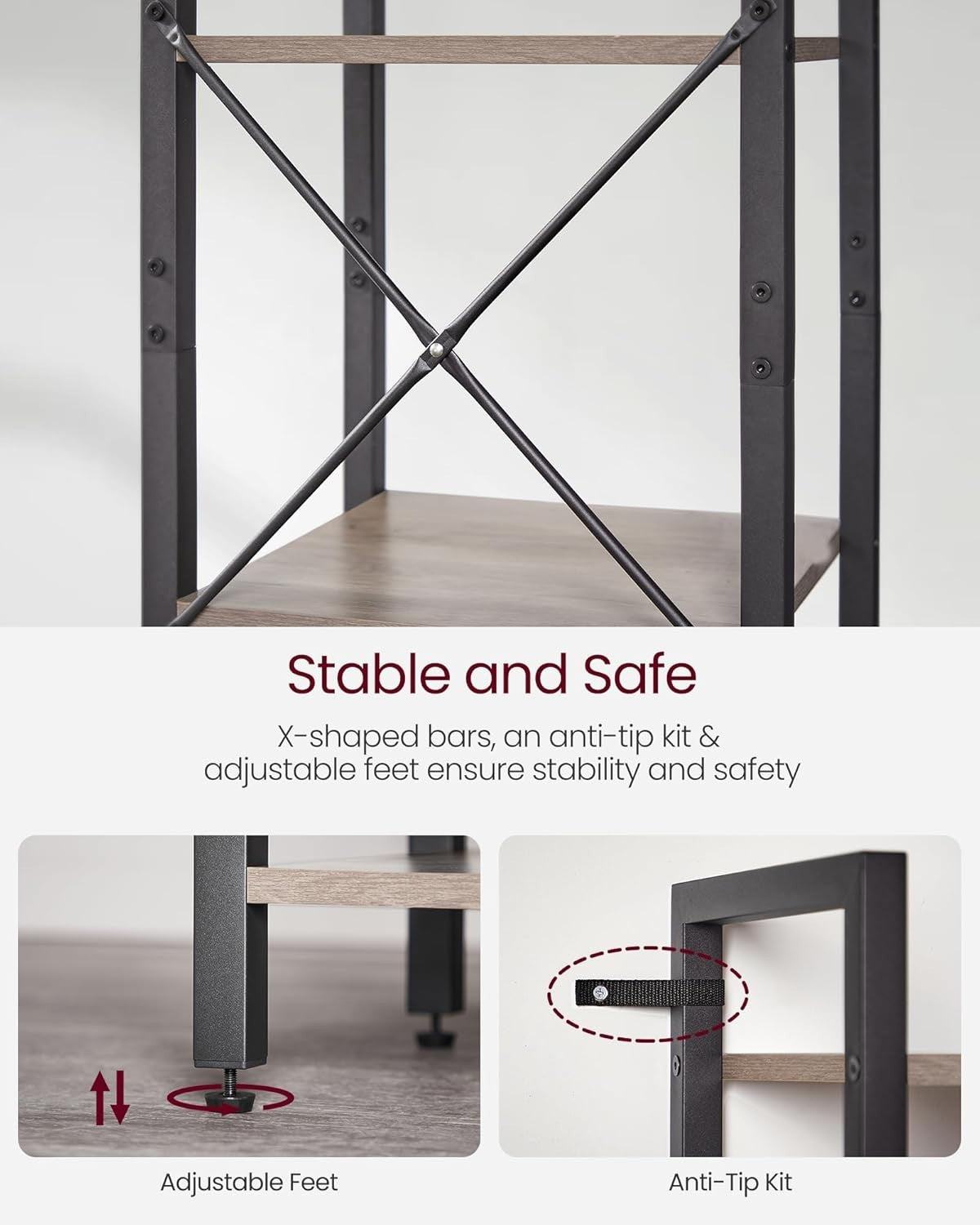 6-Tier Industrial Bookshelf 187.5cm Tall Slim Storage Unit Heather Greige