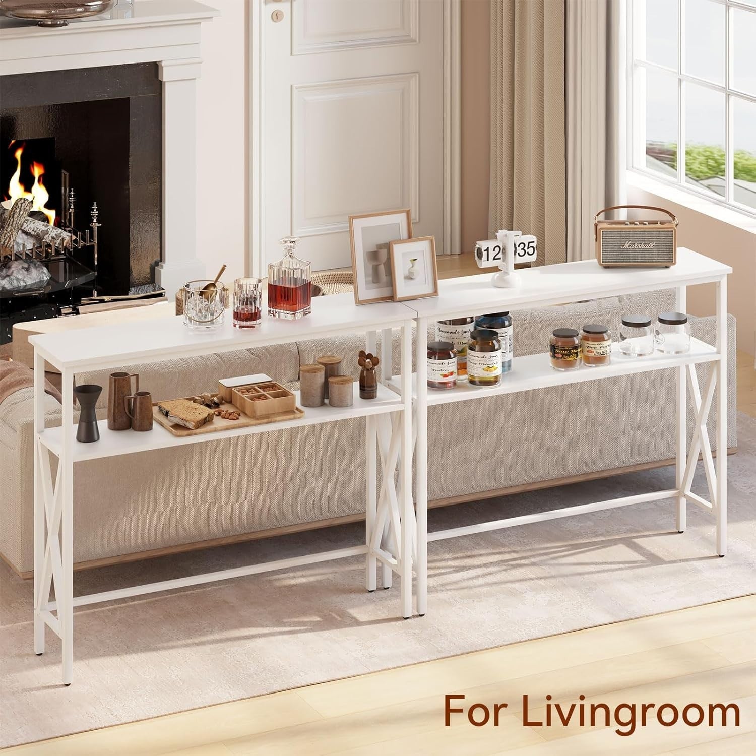 Compact Industrial Console Table with Adjustable Feet & Metal Frame, White