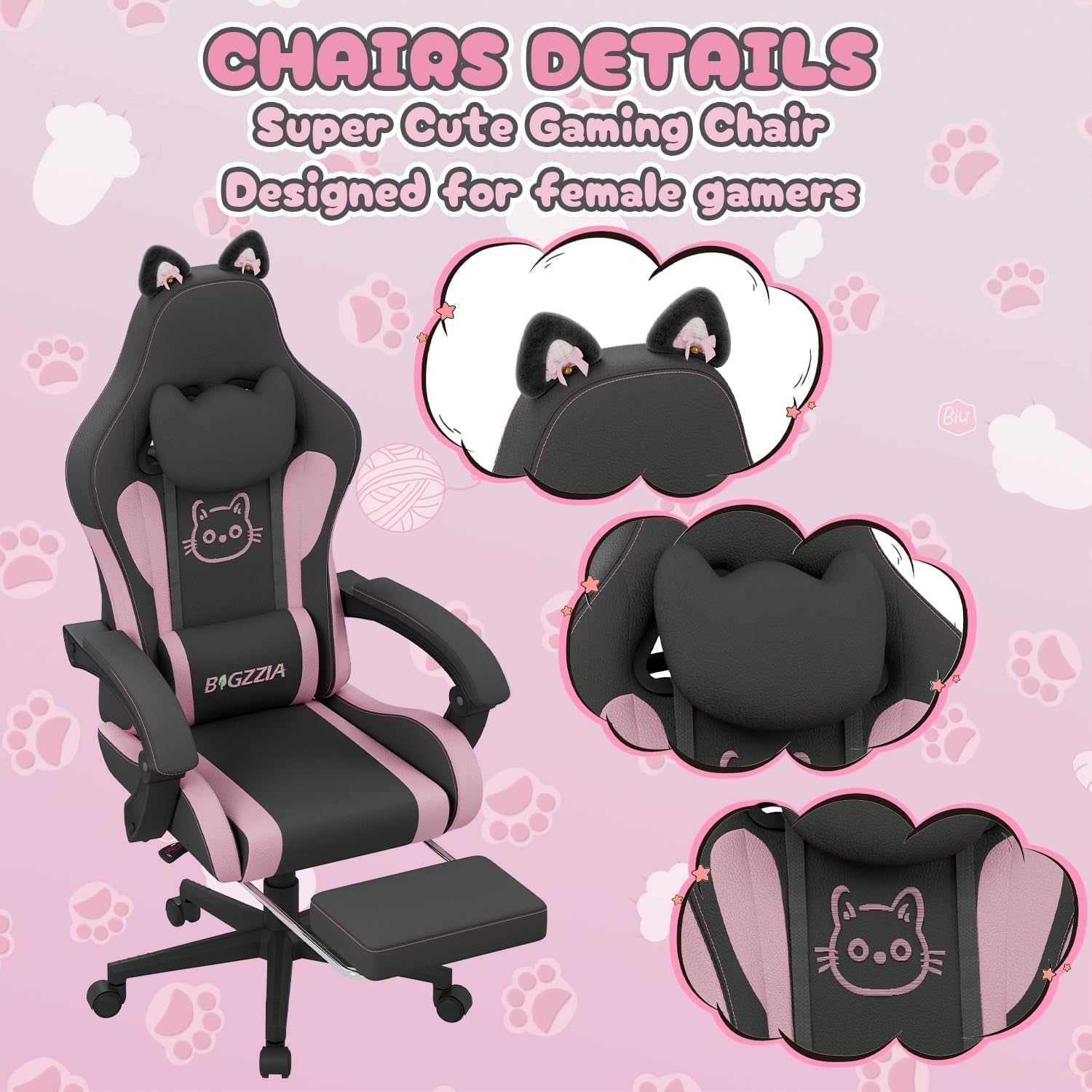 Cute Gaming Chair Cat Ears Massage Footrest Pink Black