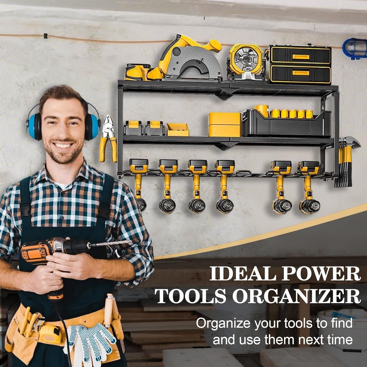 Wall Mount Power Tool Organizer 7 Drill Holders 3 Layers – 150Lbs Load