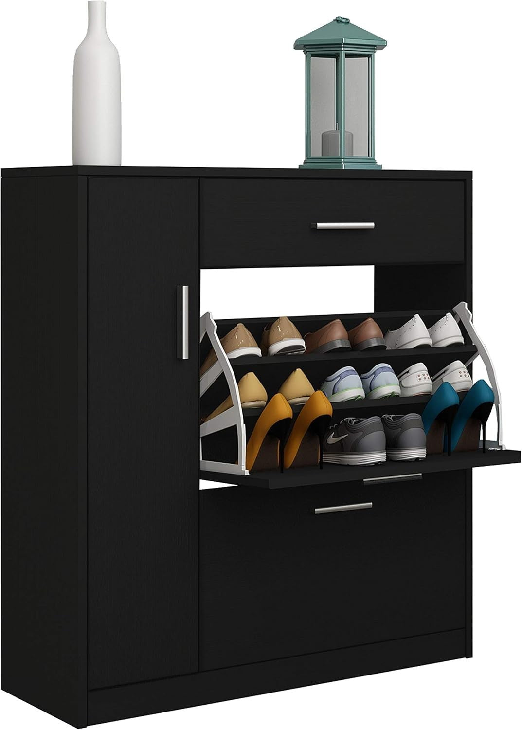 Modern Black Shoe Cabinet with Drawer & 18-Pair Pull-Down Storage Rack