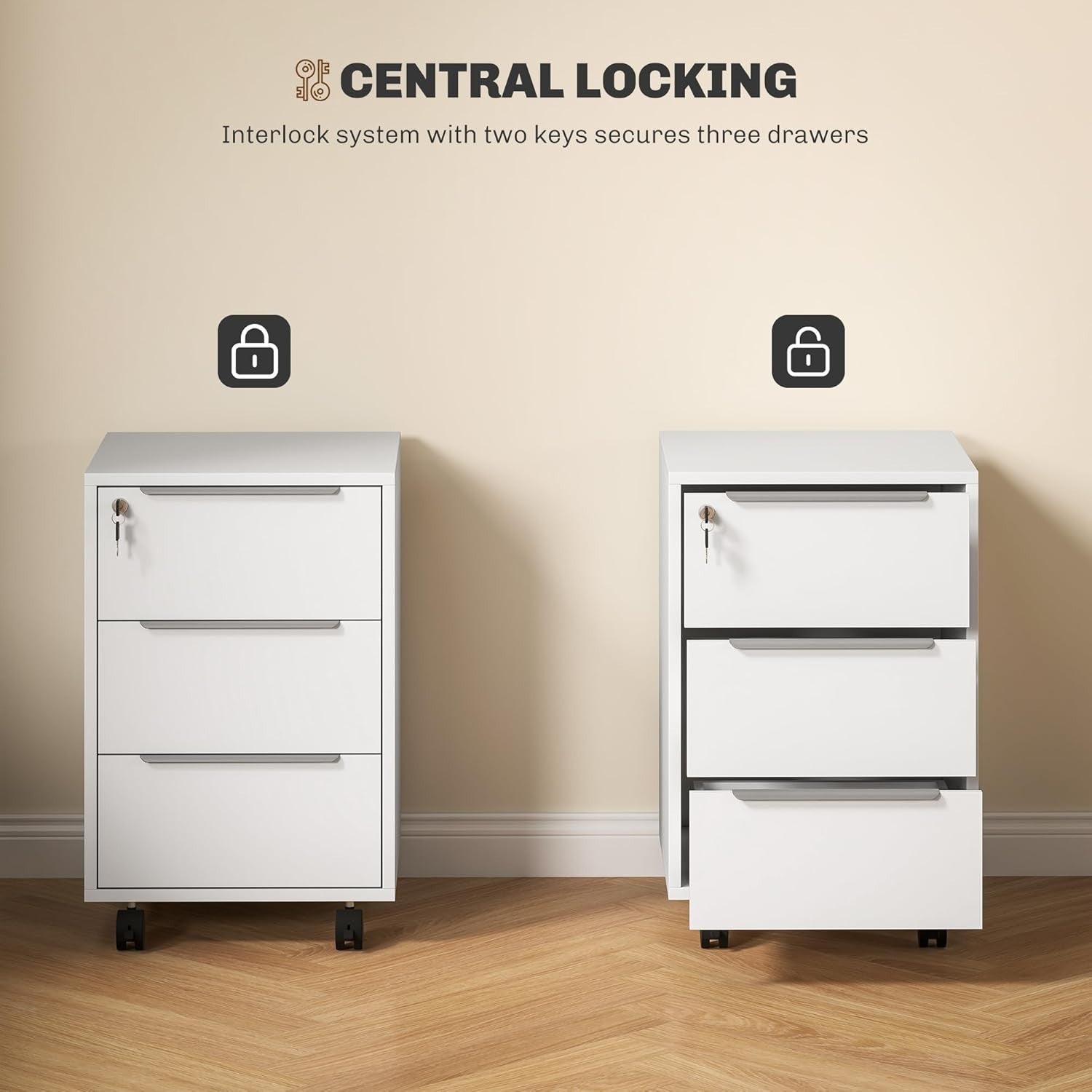 White Lockable Rolling Drawer Cabinet 3 Tier Under Desk File Unit