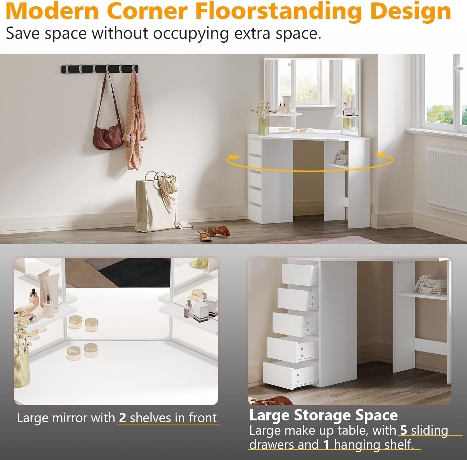 Corner Dressing Table Vanity Desk with Mirror 5 Drawers Storage White Wood Makeu