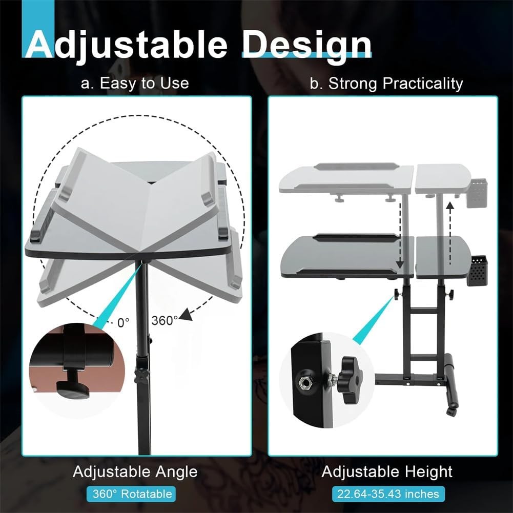Adjustable Overbed Laptop Table C Shape Tilt Desk Rolling Wheels Black