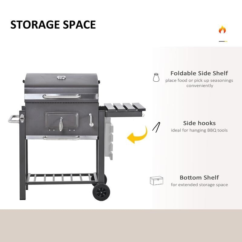 Charcoal BBQ Smoker Grill Trolley w/ Shelf, Lid, Thermometer, Hooks, Wheels