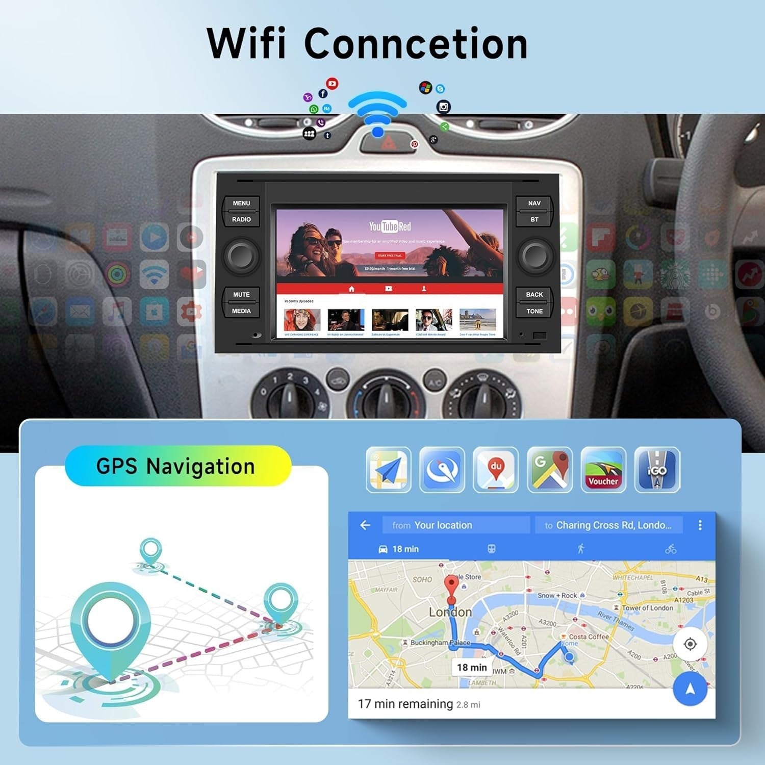 7" Android Car Stereo for Ford with GPS, Bluetooth, WiFi & Backup Camera