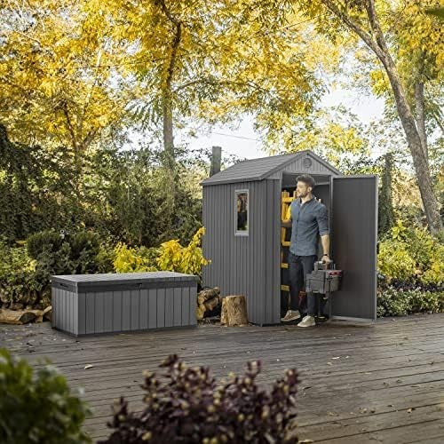 6x4ft Outdoor Garden Storage Shed Waterproof Resin Wood Look Grey Apex Roof