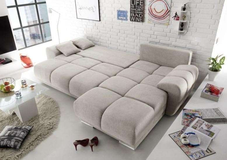 Cream L Shape Corner Sofa Bed with Storage & FREE Assembly – 5 Seater