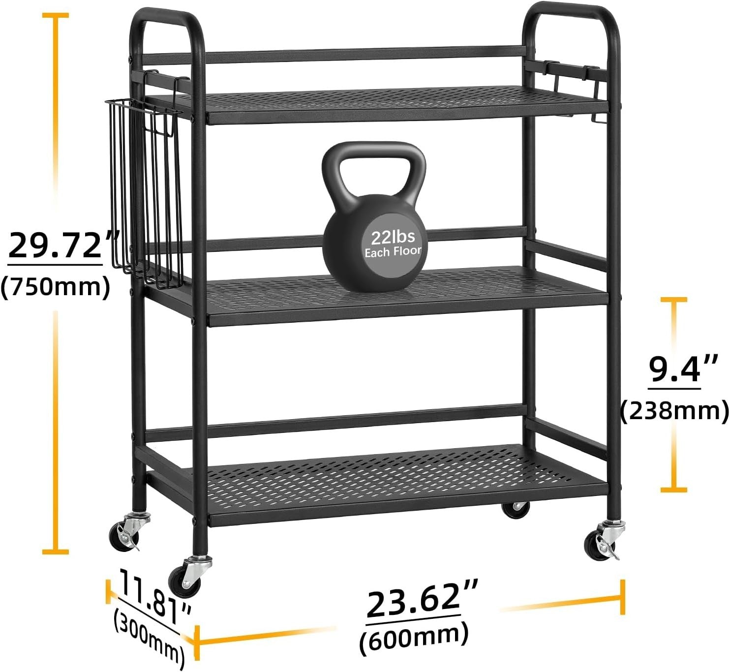 3 Tier Metal Mesh Rolling Utility Cart Heavy Duty Storage Trolley Black