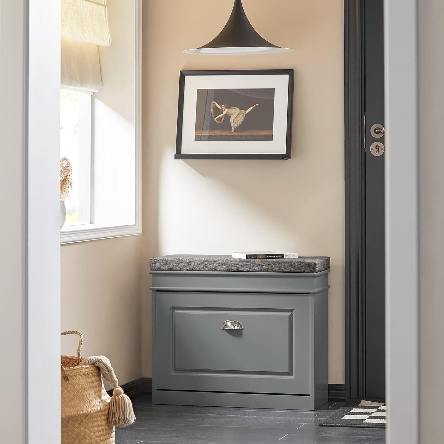 Narrow Shoe Storage Bench with Flip Drawer & Grey Cushion, 61x24x51 cm