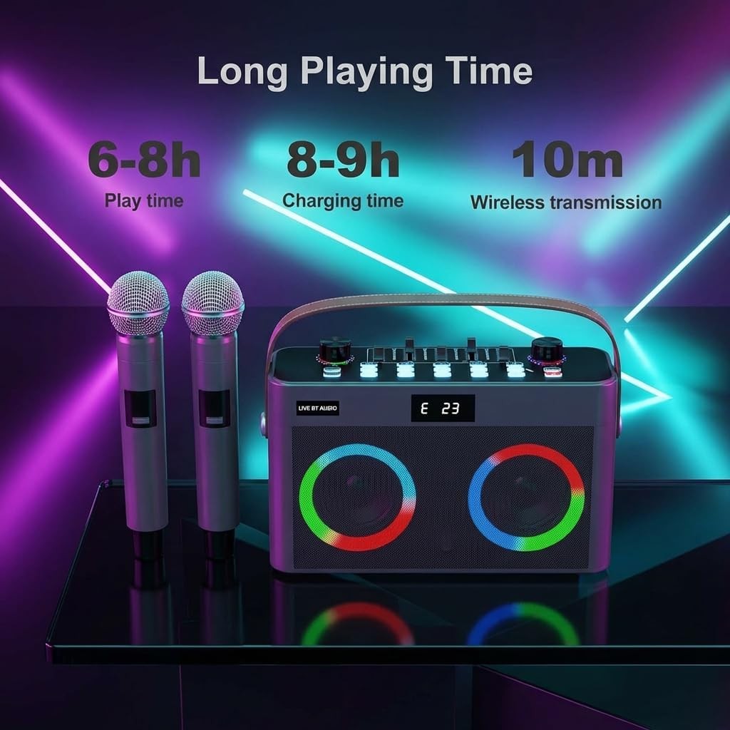 MT-VIKI Portable Bluetooth Karaoke Speaker with 2 Wireless Mics LED