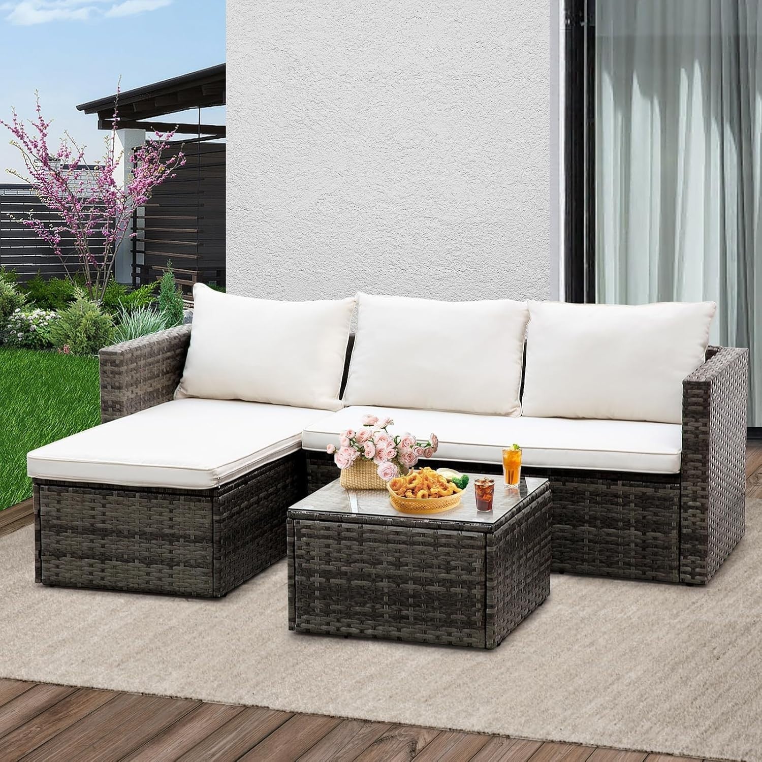 3pc Rattan Garden Sofa Set L-Shape Patio Furniture with Table Grey Cushions
