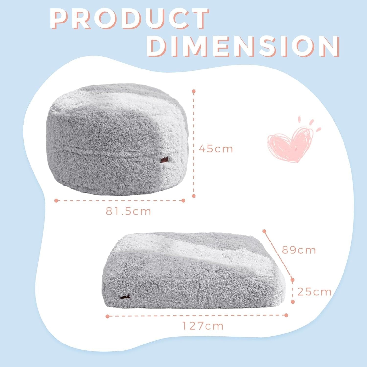 Grey Plush Kids Bean Bag Chair Bed Sofa Lounger Faux Fur Washable Foldable