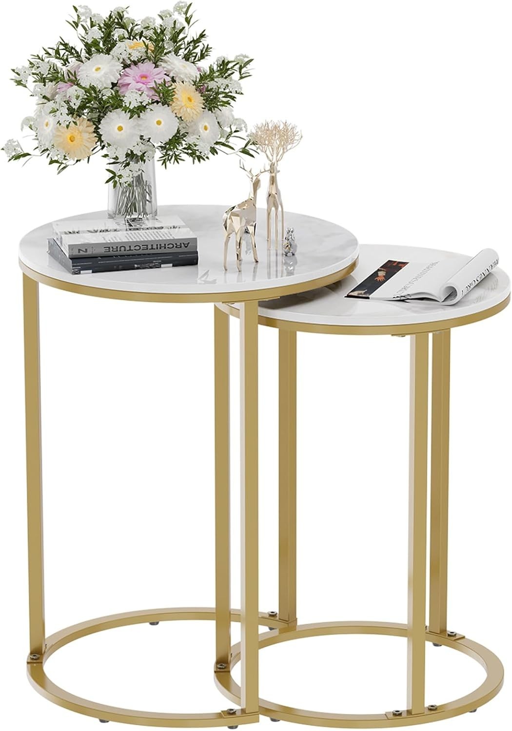 Round Gold Side End Table Marble Top Living Room Sofa Bedside C-Shape Nesting
