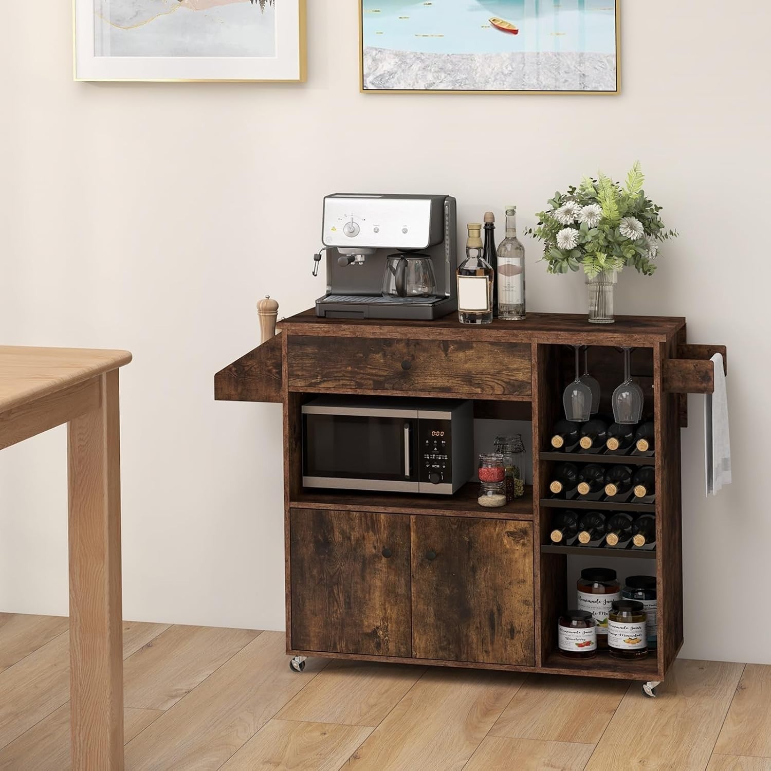 Rolling Kitchen Island Cart with Drop Leaf, Wine Rack & Adjustable Shelves – Rus