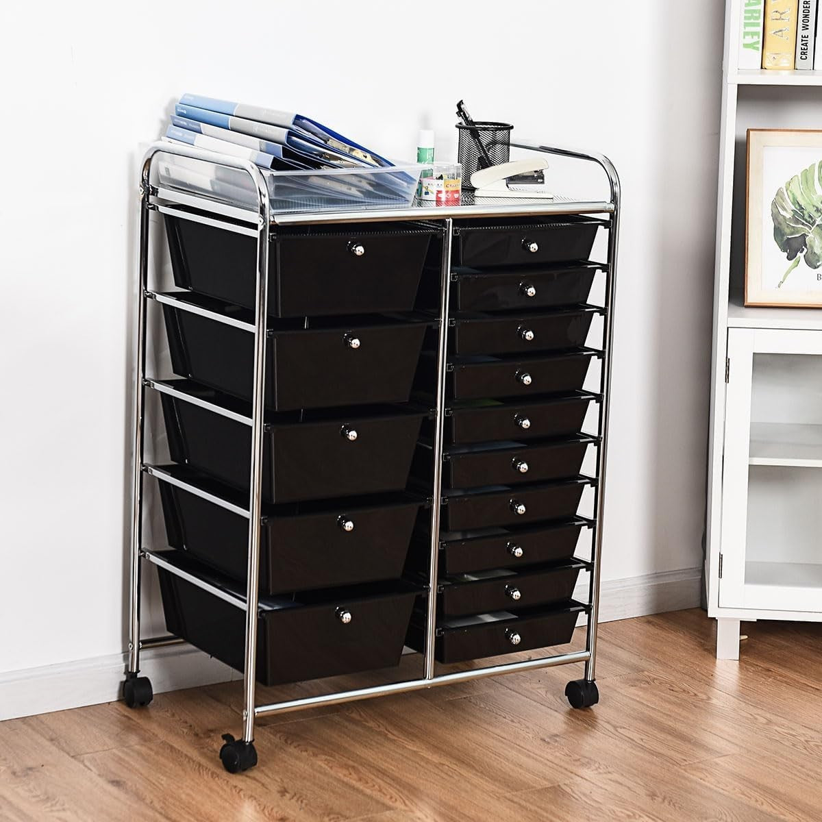 Black 15 Drawer Rolling Storage Trolley Beauty Office Organizer Cart