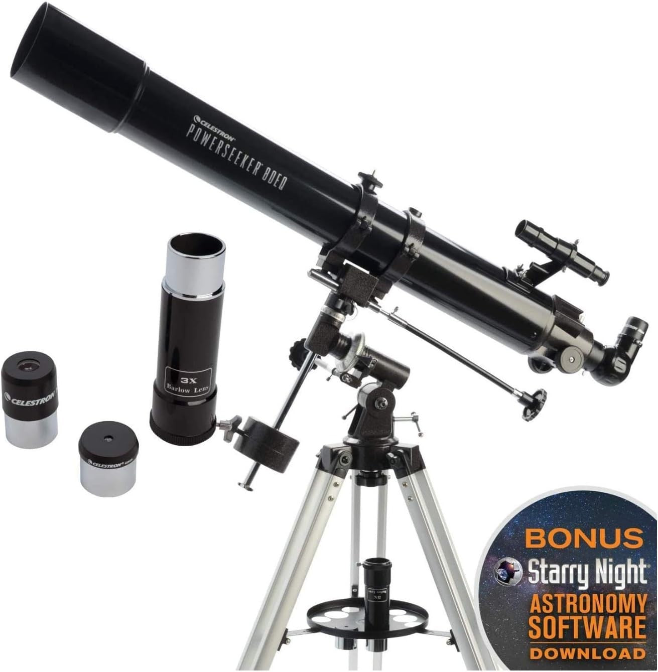 80mm Refractor Telescope with 2 Eyepieces, Barlow Lens & Tripod, Black
