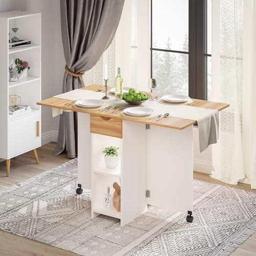 Space-Saving Folding Drop Leaf Dining Table with Storage 4-6 Seats