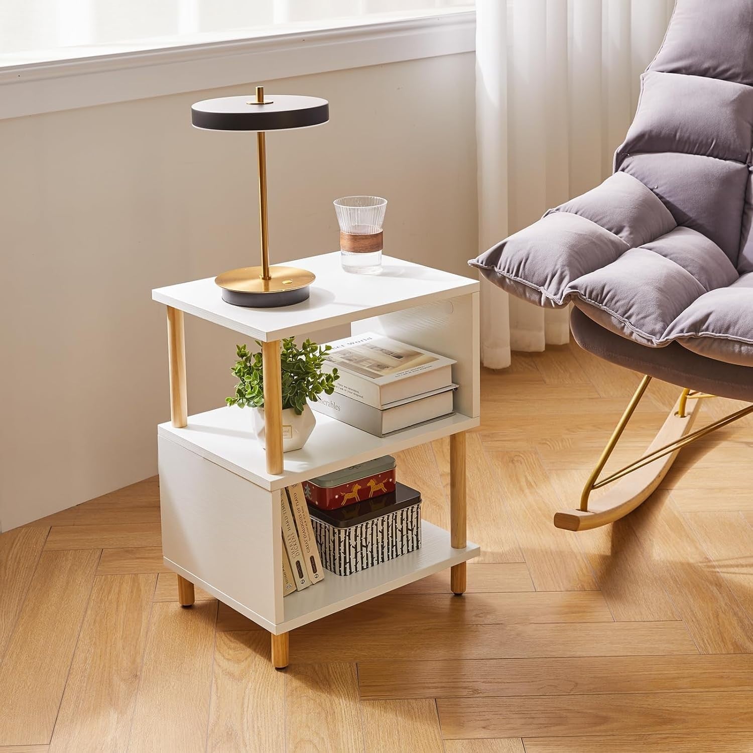 Modern White S-Shaped Side Table with Storage Shelves & Natural Wood Legs