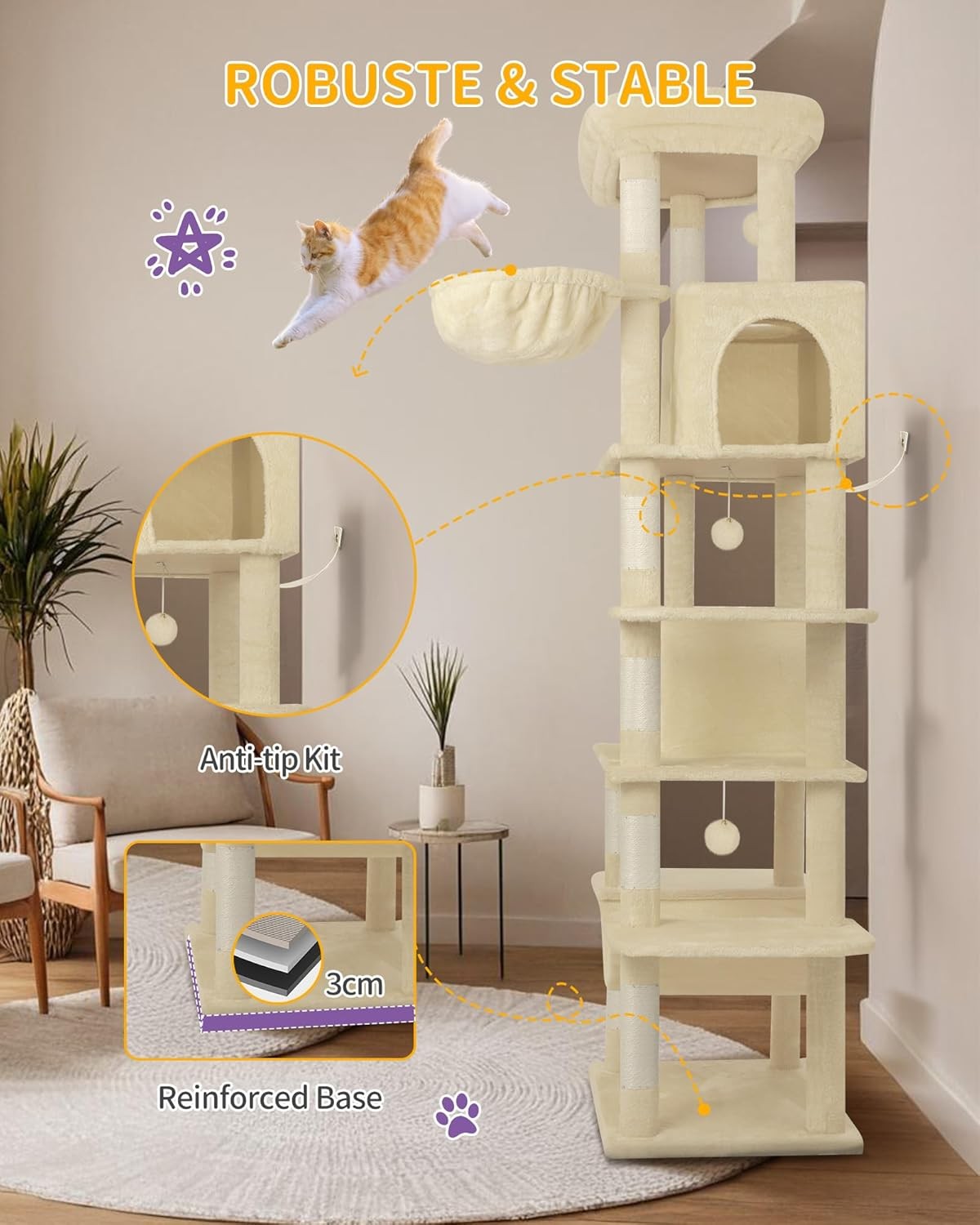 Large Cat Tree 210cm Tall Multi Level Tower with Condo Hammock Scratch Posts