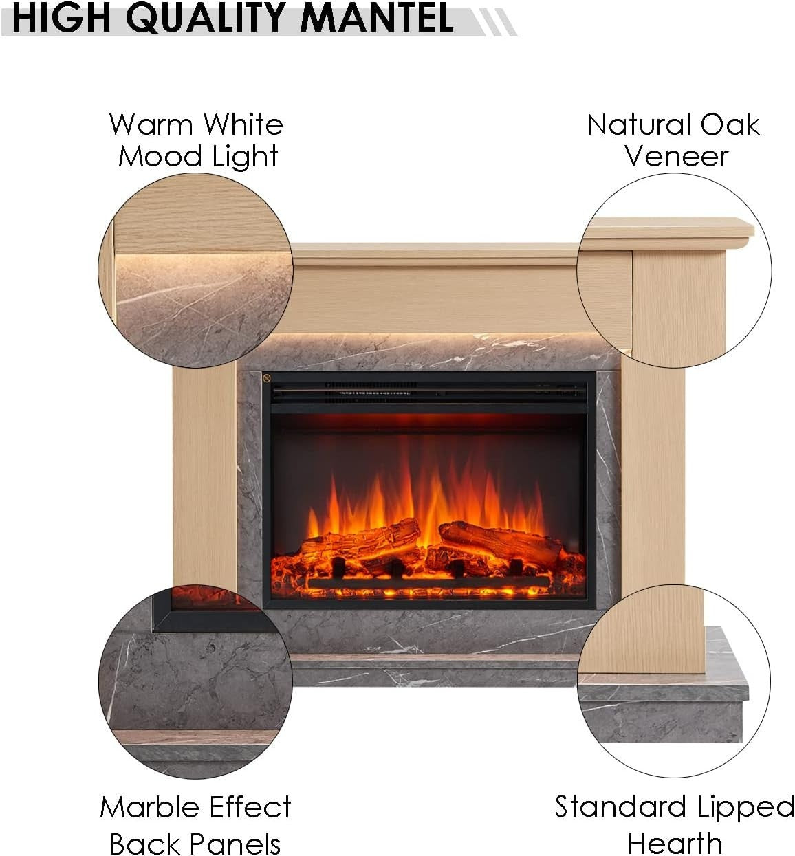 Electric Fireplace Suite 44" Oak LED Flame Heater Freestanding Mantel