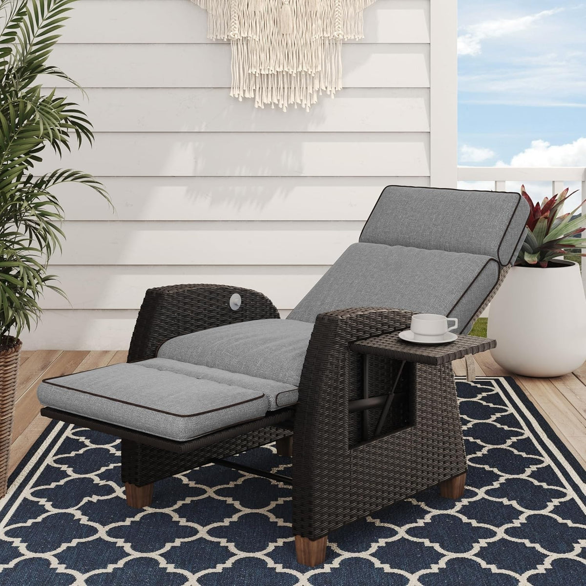 Adjustable Outdoor Recliner Patio Chair Wicker Sun Lounger Dark Gray